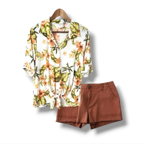 NAIF Tropical Floral Print Roll-Tab Tie Front Casual Top - Picture 2 of 8